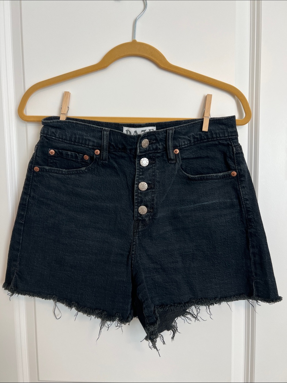 DAZE Black Denim Shorts Size 28 High Rise Button Fly Raw Frayed Hem